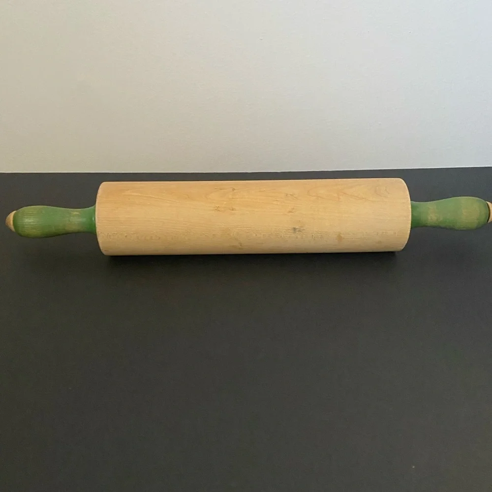 Vintage Munising Wooden Rolling Pin with Green Handles